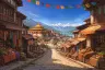 SGM Studios animation background: a mountain market street hung with prayer flags