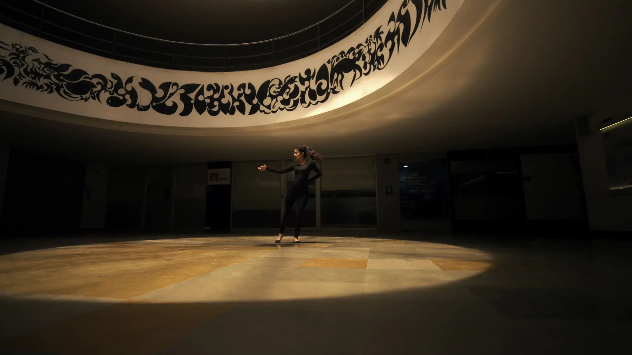 Dancer rehearsing alone on a spotlit stage