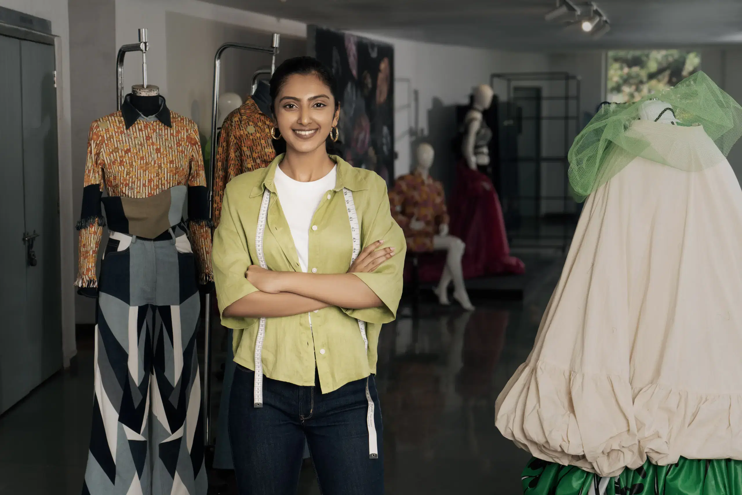 Fashion design student among garments on mannequins