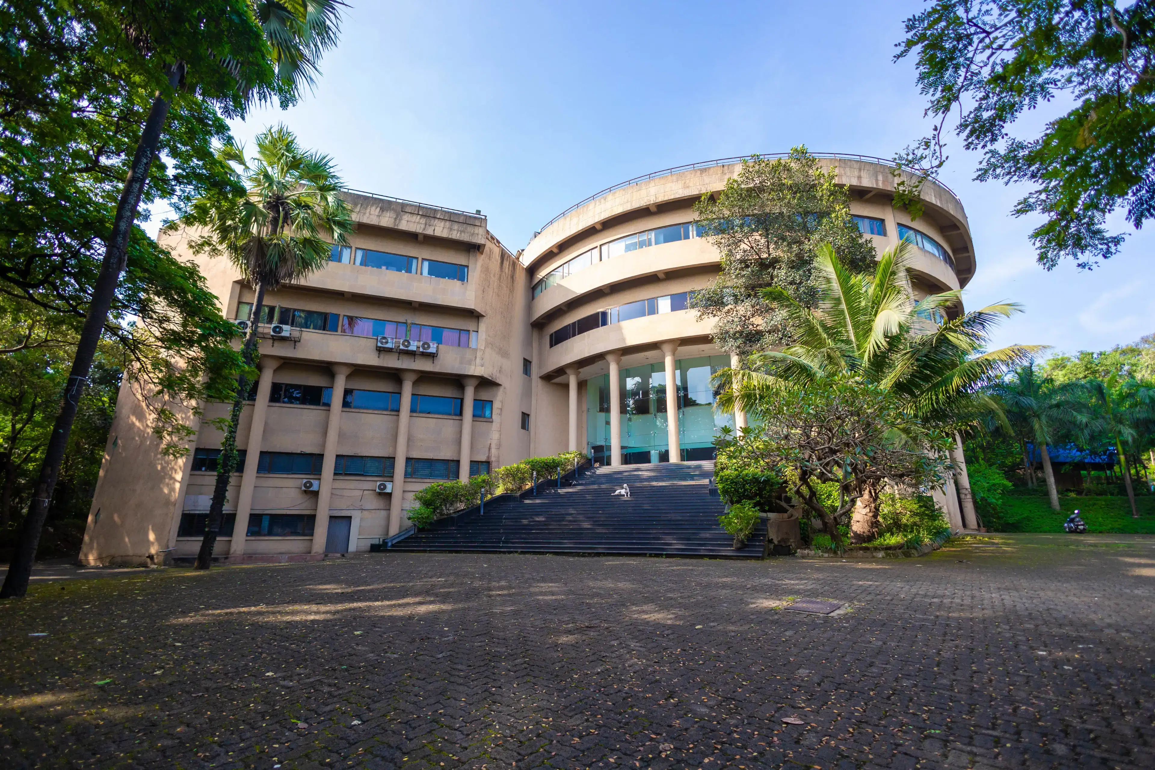Exterior of a curved building surrounded by trees